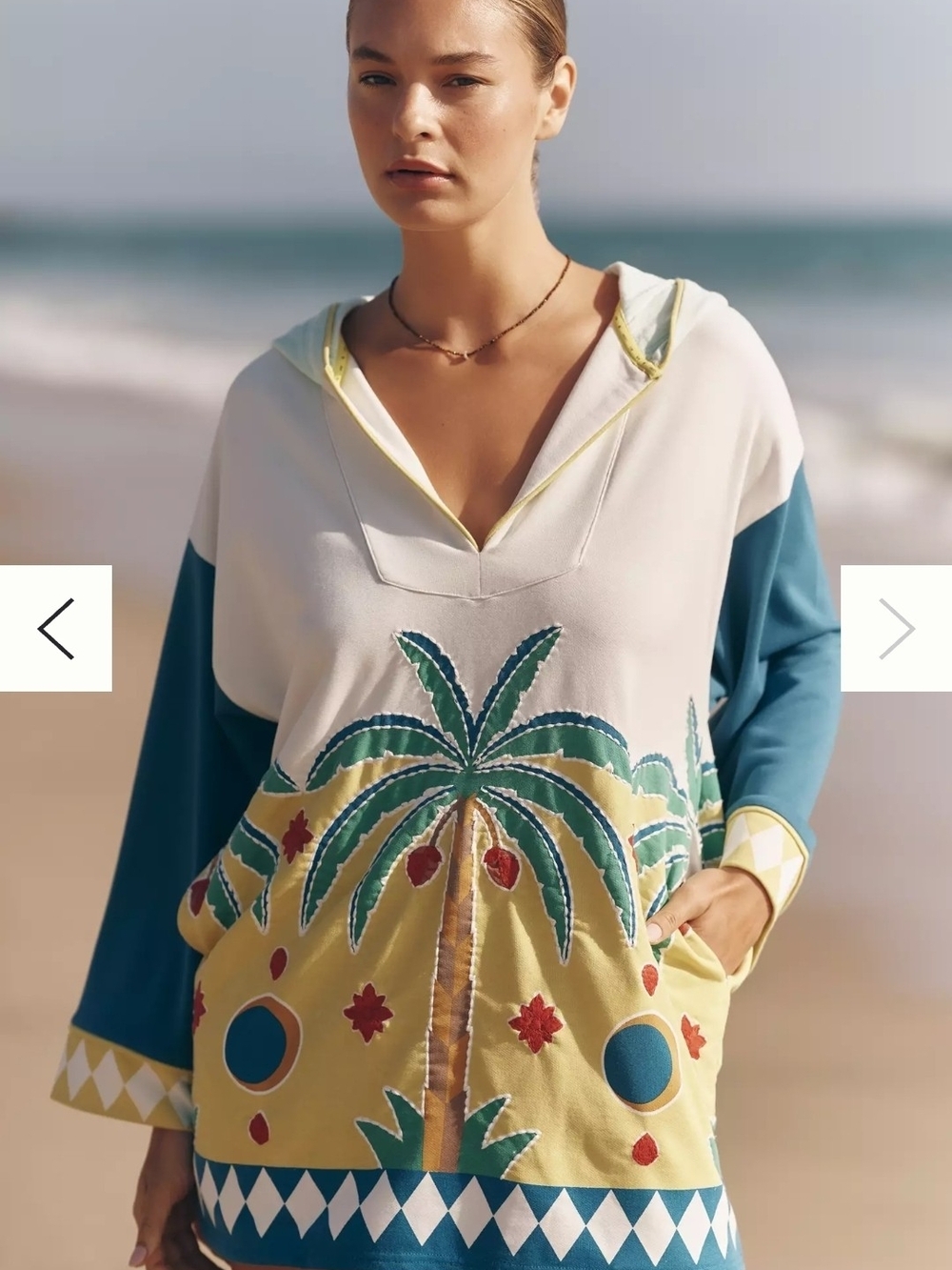 NEW! Anthropologie Tropical Palm Hooded Tunic in Teal,Yellow & White, Sz Lrg,NWT